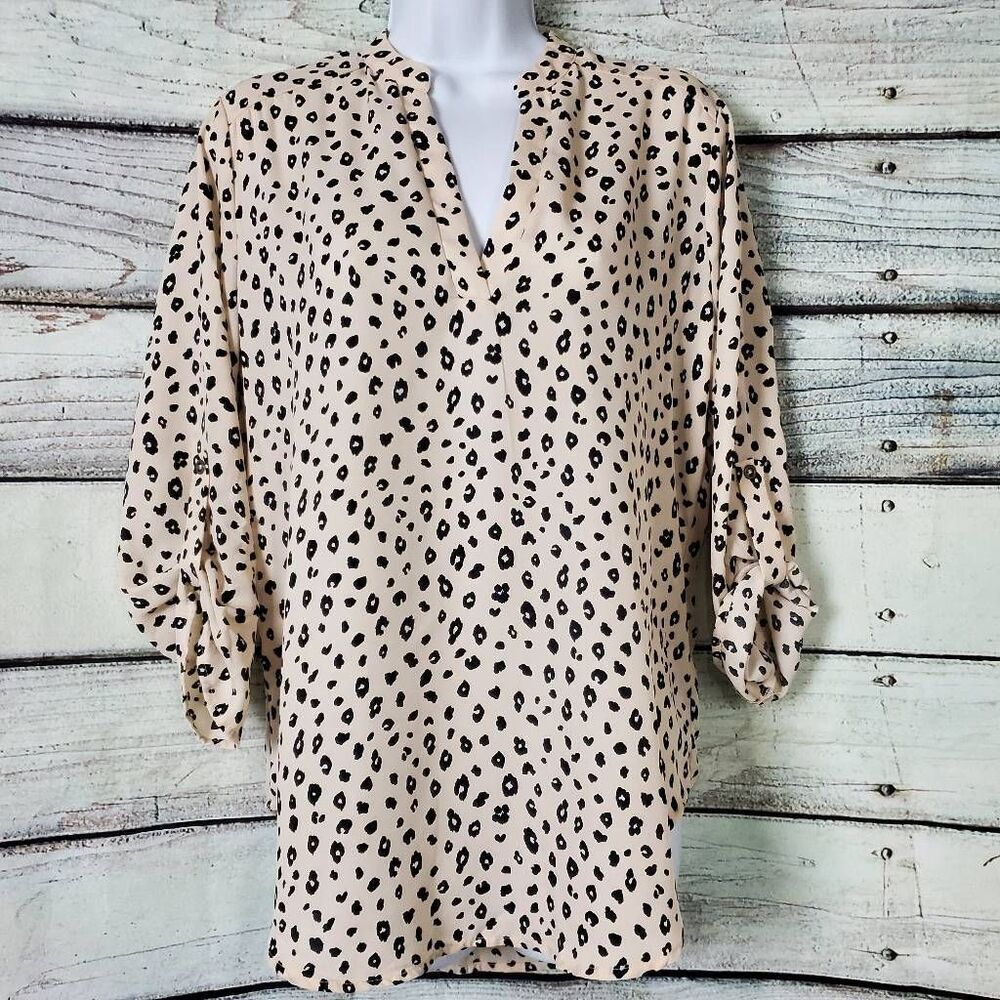 LUSH Women’s Blouse Medium Beige Black Animal Print Long Sleeve Tunic Top